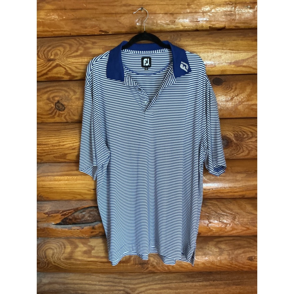 FootJoy Mens XL Blue White Striped Short Sleeve Golf Polo Shirt Performance FJ